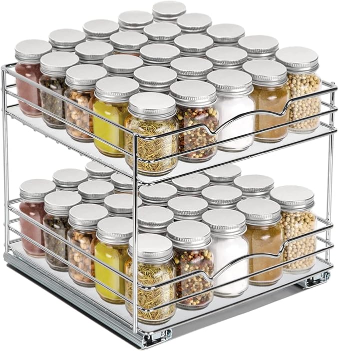 2 Tier Pull-Out Cabinet Spice Rack Organizer - Slim Slide-Out Storage for Spices, Bottles & Jars, Premium Heavy-Duty Steel, Easy Install for Narrow Kitchen Cabinets -10-1/2"Wx10-3/8"Dx8-7/8" H, Chrome
