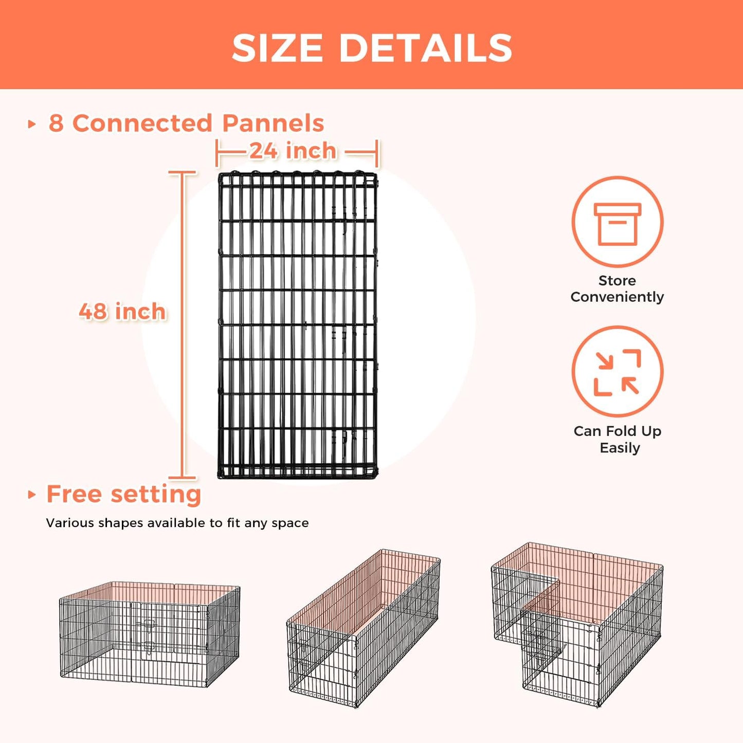 Foldable Dog Playpen 48" Height 8 Panels Metal Exercise Pen No Door - Indoor/Outdoor Dog Play Pen for Medium-Large Dogs, Portable Pet Fence for Yard Garden Camping, Black