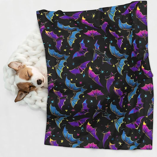 Reversible Plush Pet Blanket for Puppies Kittens, Halloween Cool Bats, Double Sided Gentle Dot Texture for New Pets Adjusting to Home Environment Softly