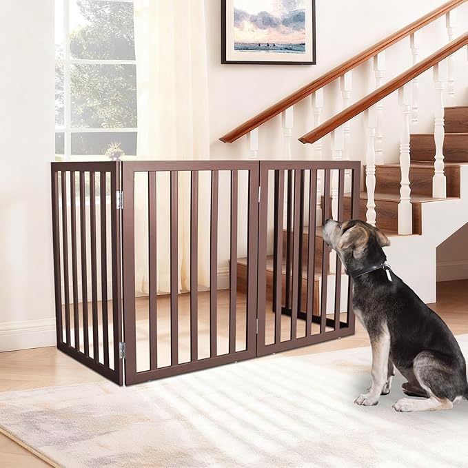 ZJSF Freestanding Indoor Dog Gate for House Foldable Wood Brown Puppy Gate for Doorways Pet Gate for Stairs Extra Wide Pet Fence 32" Height 6 Panels