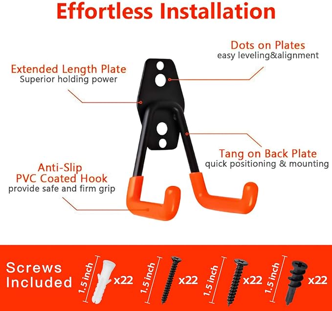 Garage Hooks, 12 Pack Wall Storage Hanger with 2 Extension Cord Straps, Heavy Duty Tool Holder for Utilities Organization, Wall Mount Rack for Garden Lawn Tools, Ladders, Bike, Ski (Orange)