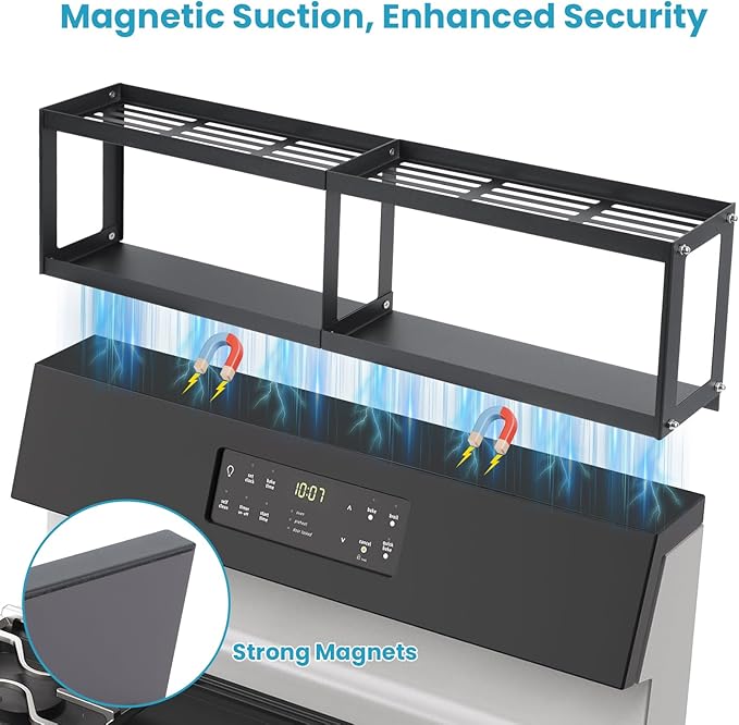 OTraki 2 Tier Strong Magnetic Oven Shelf 30 Inch Length Spice Rack Over The Stove Shelf with 2 Anti-Slip Mats Seasoning & 4 Hooks Kitchen Spice Storage Organizer Black