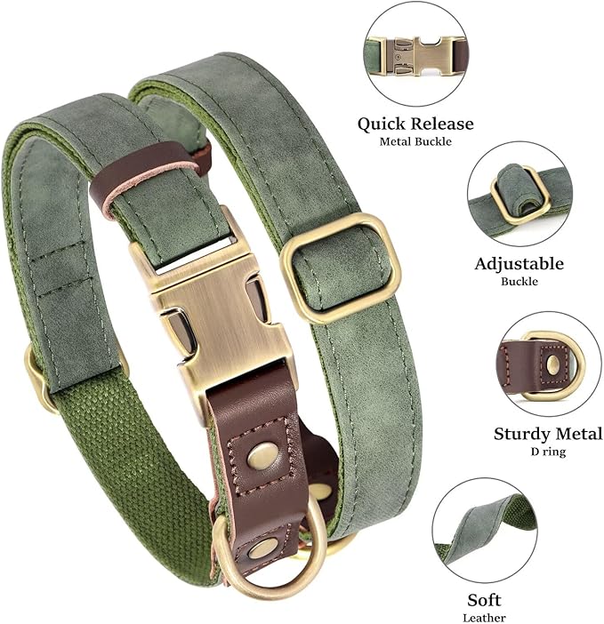 Didog Soft PU Leather Dog Collars for Small Dogs,Classic Adjustable Dog Collars with Quick Release Metal Buckle,Easy Clean and Comfortable with Nylon Lining,Green,S Neck 11-15"
