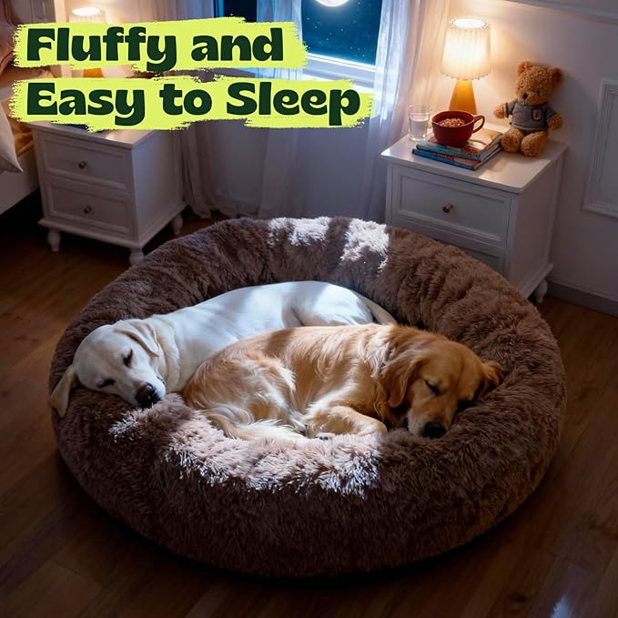 Waterproof Memory Foam Dog Beds for Large Dogs Machine Washable,Round Plush Anxiety Orthopedic Bolster Pet Bed with Removable Cover,Fluffy Donut Calming Sofa to Care Arthritis 42 Inch,Camel