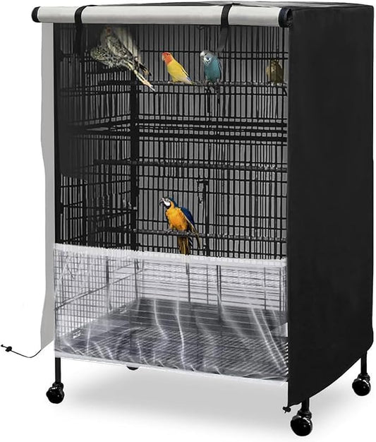 Bird Cage Cover, 600D Universal Pet Cage Cover for Night,100% Shading Oxford Cloth with PU Coating Layer, Adjustable Soft Airy Nylon Mesh Net