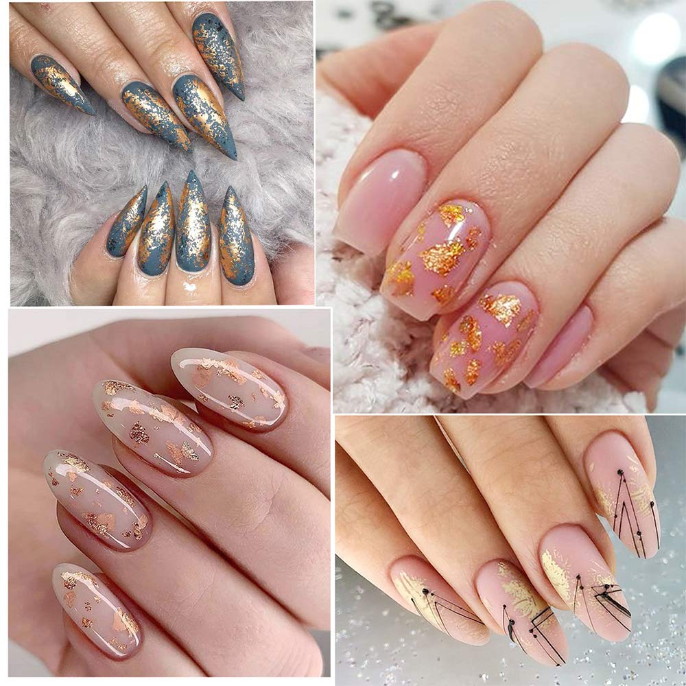 AUOCATTAIL 24 Grids Foil Nail Art Holographic Aluminum Nail Foil Flakes Stickers Nail Sequins 3D Glitter Decoration DIY Design Accessories Rainbow Nail Art Supplies Gold Nail Decals