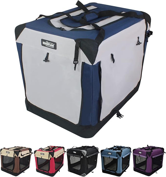 EliteField 4-Door Folding Soft Dog Crate with Curtains, Carrying Bag and Fleece Bed (2 Year Warranty), Indoor & Outdoor Pet Home (36" L x 24" W x 28" H, Navy Blue +Gray)