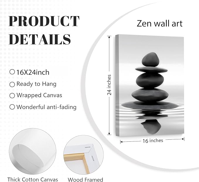Zen Canvas Wall Art Black Stacked Stone Poster Print