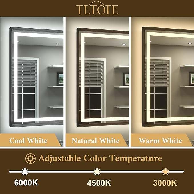 TETOTE 24 x 36 Bathroom LED Mirror Brushed Black Metal Frame Frontlit & Backlit Vanity Mirror Anti-Fog Stepless Dimmable 3 Colors White/Warm/Natural Mirror with Lights Wall-Mounted