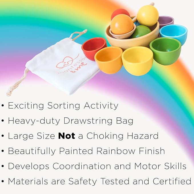 Montessori Large Rainbow Colored Sorting Ball in Cup | Preschool Color Matching Toy | Gross Motor Transfer Activity | 6 Toddler Safe Wooden Balls 46mm in Diameter - Non-Choking-Hazard