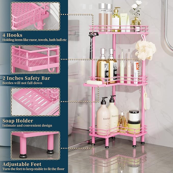 Consumest Corner Shower Caddy Standing - 3-Tier Stainless Steel Shower Organizer with Soap Holder and 4 Hooks, Large Capacity Corner Shelf Stand for Bathroom, Rest Room, Pink