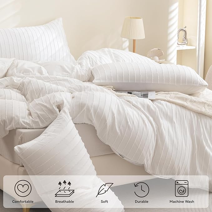 JELLYMONI Duvet Cover Full Size White - 3PCS Boho Striped Duvet Cover Set Polyester Tufted Bohemian Textured Comforter Cover 80×90in with Corner Ties & Zipper and 2 Pillowcases