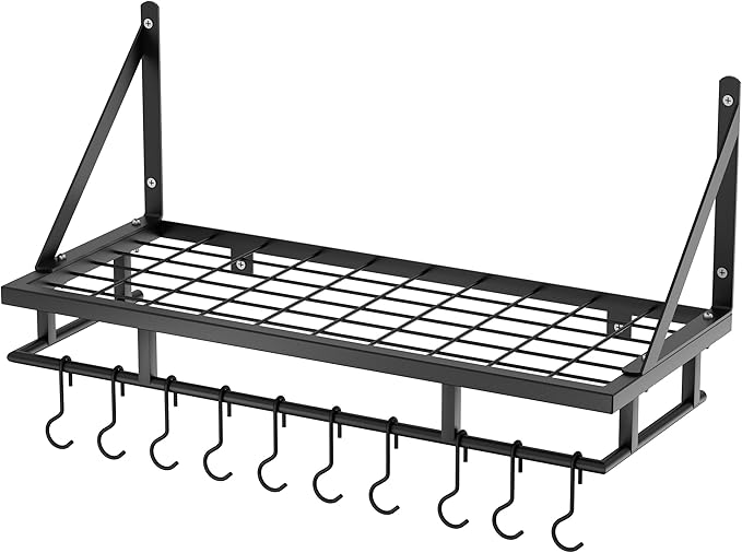 KES 24 Inch Kitchen Pot Pan Rack Wall Mounted Hanging Storage Organizer Wall Shelf With Hooks Matte Black, KUR215S60-BK