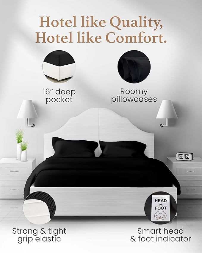 Good Sleep Bedding Cal King Sheet Set - 100% Egyptian Cotton Sheets California King Size, 4 Pc, California King Sheets, Soft, California King Sheet Sets Deep Pocket Fits Upto 16" - Black