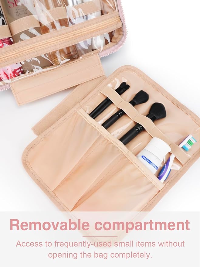 Women's Hanging Toiletry Bag, Waterproof Travel Cosmetic Organizer with Jewelry Storage, Large Capacity Makeup Case for Full-Size Skincare & Bathroom Essentials, Portable Cosmetic kit, Pink