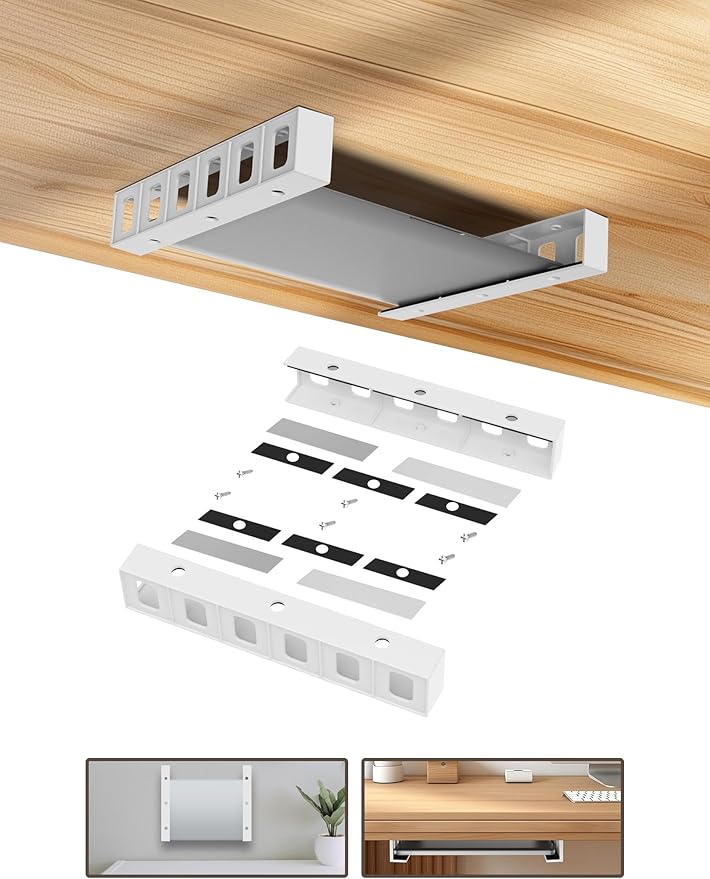 Under Desk Mount Holder or Wall Mount, Fit for Laptop, Keyboard, Routers, Modems, Cable Box, Network Switch and Devices Up to 40mm/1.57in Thick (White)