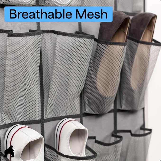 GORILLA GRIP Over the Door Shoe Organizer, 2 Pack, 24 Breathable Mesh Pockets, Space Saving Hanging Storage Holder, Closet Rack Hanger Holds Up to 40 lbs, Hangs on Closets, Shoes, Accessories, Gray
