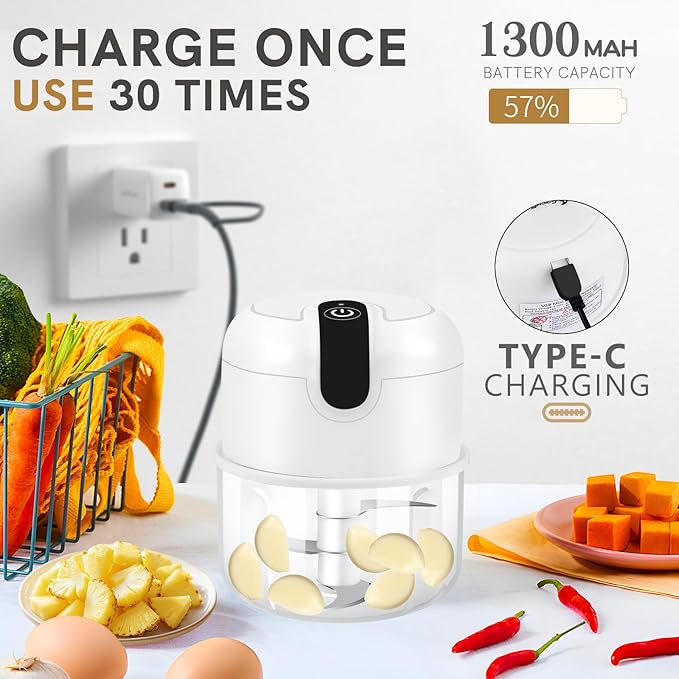 EASYSPEED Mini Electric Garlic Chopper 1Cup, Wireless USB Type-C Food Processor with 304 Stainless Steel, 3 Sharp Blades, Portable Kitchen Vegetable Grinder for Onion, Garlic, Ginger, Chili, Baby Food