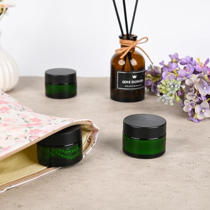 Glass Jars with Lids,Eco-Friendly Cosmetic Containers with Airtight Black Lids & Liners, Multi-Color Options for Cream, Lotion, Body Butter, DIY Skincare Travel Jars (Green, 1oz)