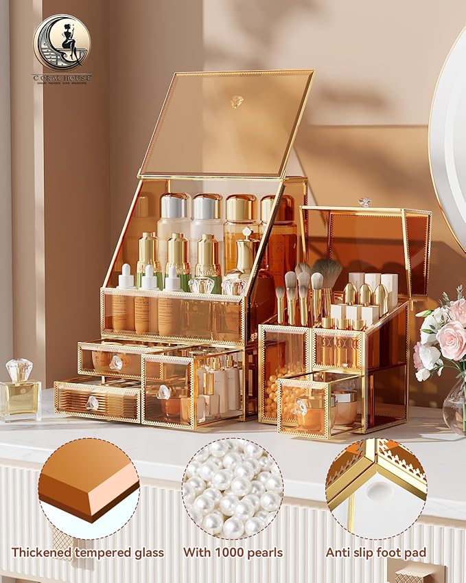 Makeup Organizer Amber,Glass Vanity Organizer for Skincare, Lipsticks, Perfume, Makeup Brushes – Countertop Cosmetic Storage Box for Women, Bathroom & Dresser