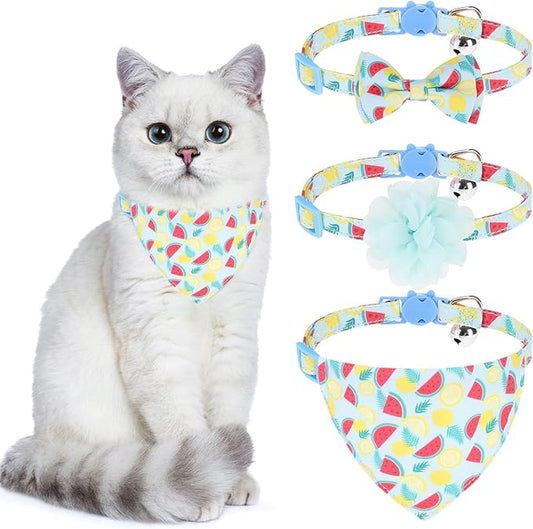 Breakaway Cat Collars with Bell & Cute Pendants - 3 Pack Adjustable Safety Kitten Collars - Decoration for Girl Boy Cats Puppy and Small Pets (Style C - Watermelon)