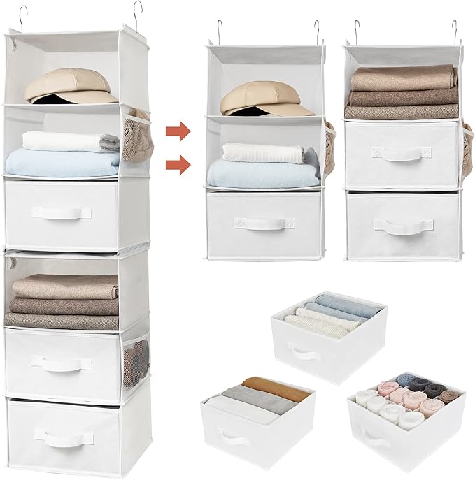 GRANNY SAYS 6-Shelf Hanging Organizer for Closet, Separable to 2 Pack 3-Shelf Hanging Shelves, Organization and Storage with 3 Different Drawers, 4 Side Pockets, White, 1-Pack