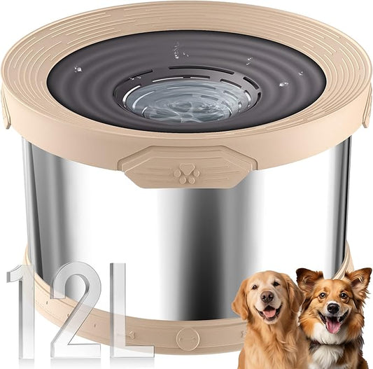 UPSKY Dog Water Bowl No Spill 12L Stainless Steel, 3.17 Gallon Large Capacity Spill-Proof Dog Bowls, Non-Slip Slow Drinking Anti-Splash Bowl for Large Messy Drinkers, No Mess Indoor/Outdoor Use, Beige