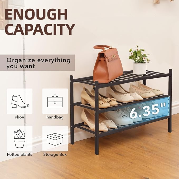 3 Tier Bamboo Shoe Rack Storage Organizer for Closet, Multifunctional Stackable Free Standing Shoe Shelf Organizer for Small Space,Entryway, Hallway, Bathroom27 x11 x20(Brown, 3 Tier)
