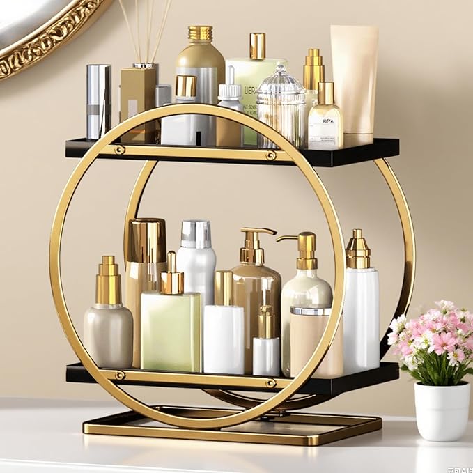 Makeup Organizer for Vanity, Black Gold Perfume Organizer for Dresser, 2-Tier Bathroom Countertop Organizers, Bathroom Counter Shelf Skincare Holder Perfume Tray Cosmetic Display