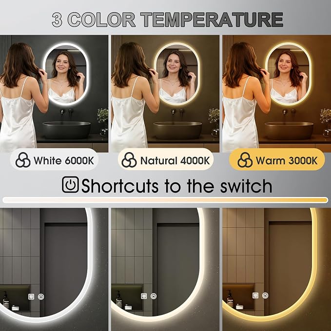 20x28 LED Bathroom Mirror with Lights Oval, Lighted Bathroom Vanity Mirror