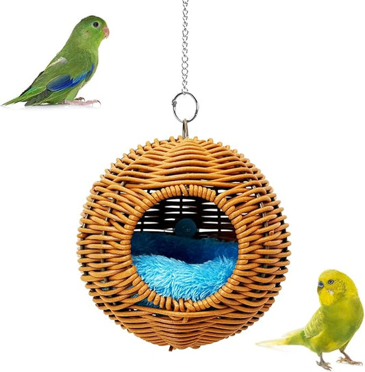 BNOSDM Rattan Bird Nest Parrot Nesting House Parakeet Hanging Swing Soft Lovebird Warm Bed Sleeping for Parrots Bird Cage Accessories for Cockatiels Budgerigars Finches Canaries (Single-Hole Style)