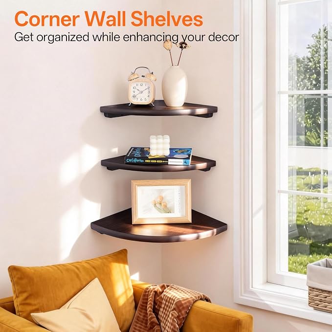 Gieanoo Floating Corner Shelves Set 2 16inch Walnut Solid Oak Rounded Corner