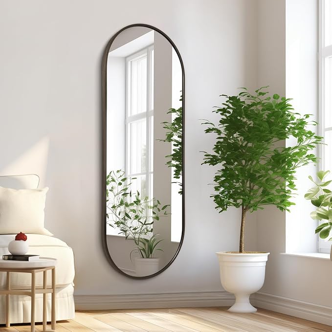 Oval Bathroom Full Length Mirror, Large 48x16'' Pill Shaped Oblong Vanity Wall