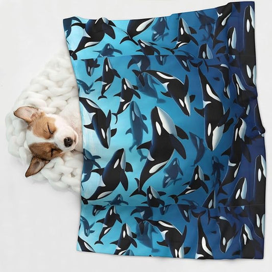 Two Sided Plush Pet Blanket for Crates Carriers Home Use, Killer Whales Orcas Ocean Sea Animals, Reversible Throw with Cozy Dot Fabric and Silky Reverse for Small Large Pets