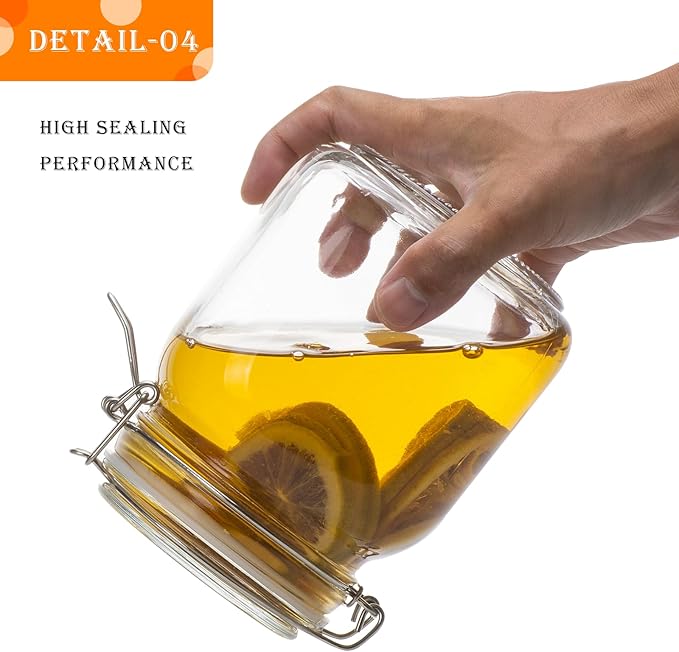34oz Square Glass Food Storage Jars with Airtight Clamp Lids, 3 Pack Large Kitchen Canisters for Flour, Cereal, Coffee, Pasta and Canning, Mason Jar (Clear 34oz Square - 3 sets)