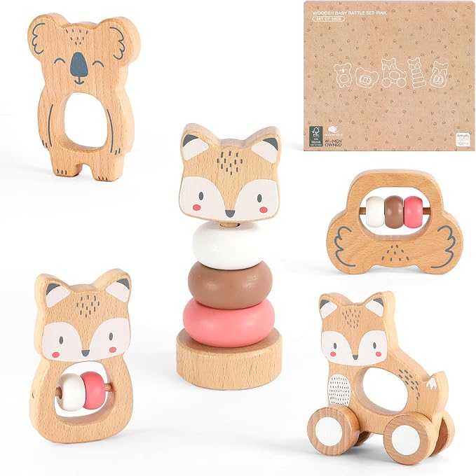 FReniland Wooden Montessori Baby Toys Set, 5-Piece Newborn Gift Set with Koala Rattle, Fox Stacking Rings & Push-Pull Toy for Boys and Girls