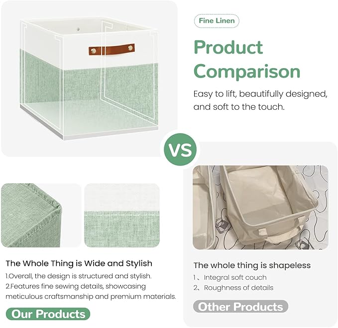 13x13 Storage Cubes 6-Pack, Large Foldable Fabric Cube Storage Bin with Reinforced Bottom and Labels, Organizer Baskets for Shelves, Closets(White/Green)
