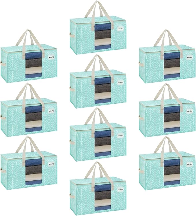 VENO 10 Pack Moving Bags, Storage Bins with lids, Packing Supplies for College, Alternative to Moving Boxes, Foldable, Heavy-Duty Tote (Evergreen, 10 Pack)