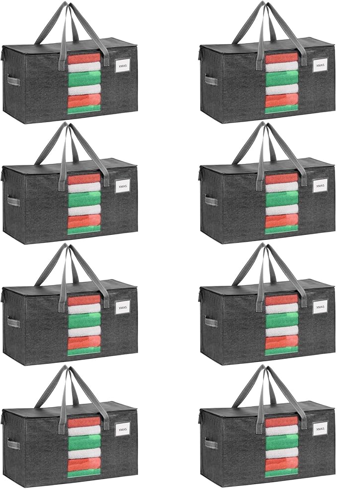 VENO 8 Pack Moving Bags, Christmas Storage Bins, Moving Boxes Alternative, Comforter and Blanket Storage Bags, College Dorm Packing Supplies, Foldable Heavy-Duty Tote with Window (Gray, 8 Pack)