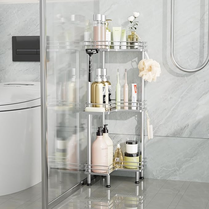Consumest Corner Shower Caddy Standing - 3-Tier Stainless Steel Shower Organizer with Soap Holder and 4 Hooks, Large Capacity Corner Shelf Stand for Bathroom, Rest Room, Silver