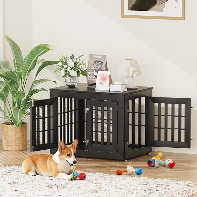 32" Heavy Duty Dog Crate Furniture for Small,Medium and Large Dogs,Rustic Wooden Dog Cage Kennel Indoor Furniture with Waterproof Top,Decorative Pet House Side End Table (Black)