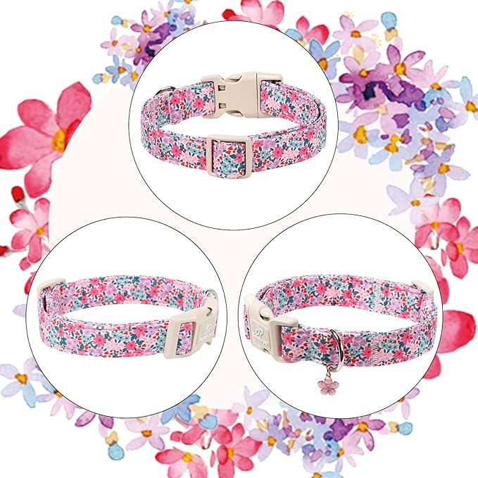Floral Dog Collar, Cute Girl Dog Collars - Pastel Wildflowers Pattern Spring Summer Puppy Collar, Adjustable Female Dog Collars for Small Medium Large Dogs XL