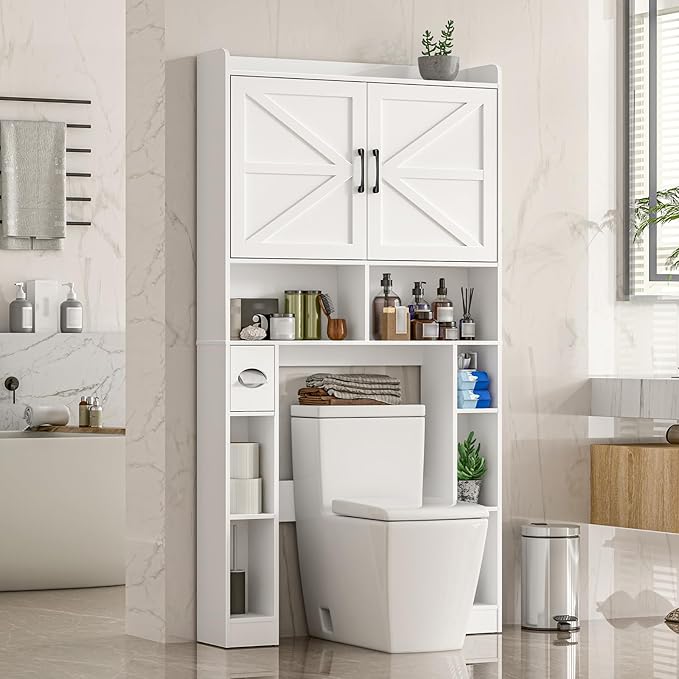 Over The Toilet Storage Cabinet, Farmhouse Toilet Cabinet Rack with Barn Doors, Space Saving Bathroom Organizer with Shelves, Toilet Paper Holder and Towel Rack for Bathroom,Restroom,Laundry（White）