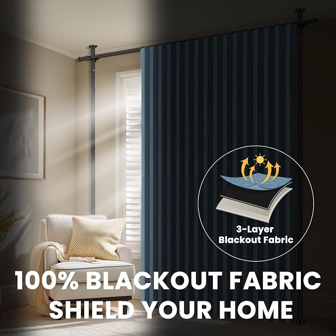 100% Blackout Room Divider Curtains Sets Blue 2 Panels W100 x L96in No Drill