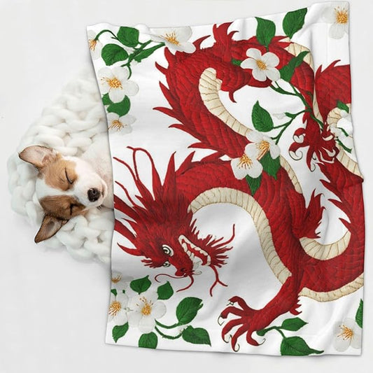 Pet Blanket for Travel and Home, Floral Chinese Japanese Dragon Flower, Reversible Plush Dot Design with Soft Grip Texture on One Side Perfect for Car Seats Moving Vehicles
