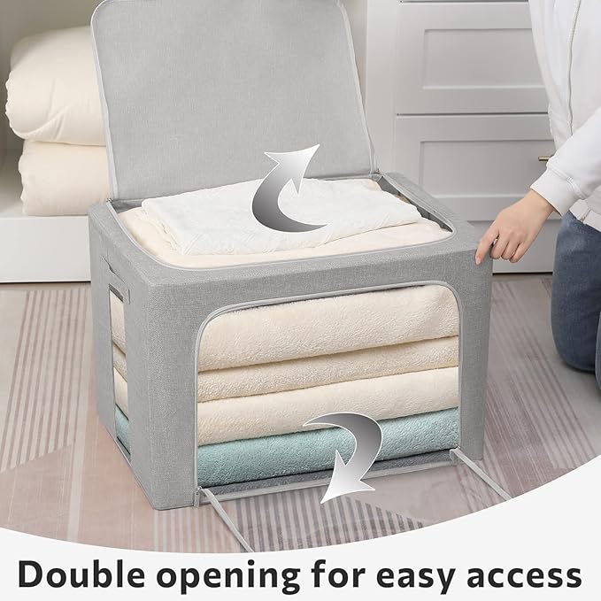 FHSQX 2 Pack Clear Window Storage Bins - Large Stackable Linen Fabric Storage for Clothes Foldable Container Organizer Set with Carrying Handles (Light Gray, 15.7x 11.8x 11.7 Inch)
