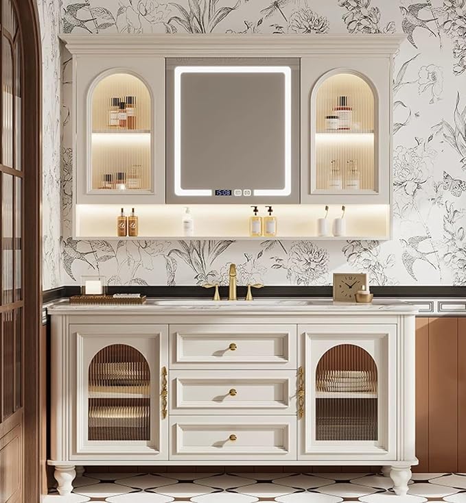 Freestanding Bathroom Vanity with Sink, Solid Wood Bathroom Vanity Set, Vintage Bathroom Vanities with Large Capacity Storage Cabinet and Open Shelf, Elegant Vanities (White,72")