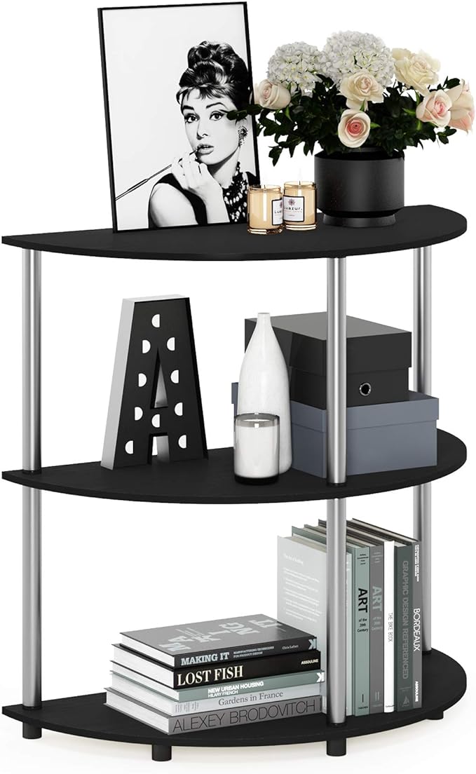 Furinno Frans Turn-N Half Round Console Table with Stainless Steel Tubes, Black Oak 15.6D x 31.1W x 30.8H in