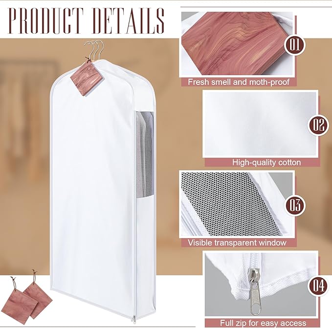 Cotton Garment Bag for Hanging Clothes and Storage with Cedar Blocks for Fresh Smell and Moth Protection Sandpaper for Suit Fur Coat Jacket Sweater(40 x 24 x 6 Inch,White,1 Set)