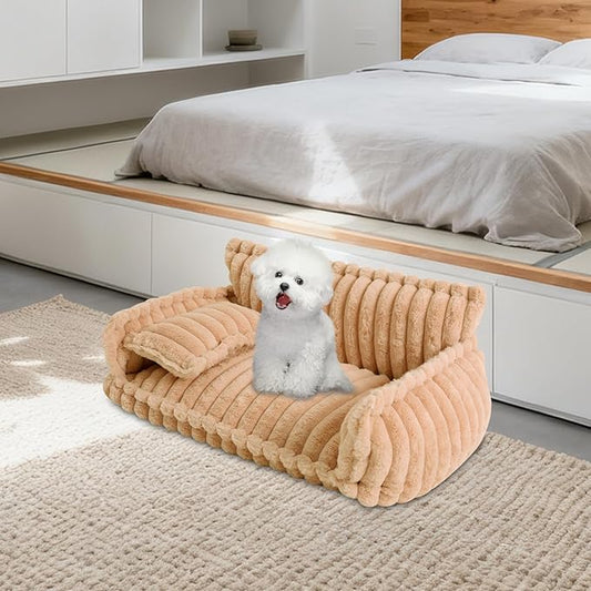 Cozy Pet Couch Bed for Dogs & Cats, Removable Washable Fluffy Couch with Pillow, Non-Slip Soft Cat Dog Bed Large, Modern Pet Furniture Sofa for Small Medium Pets(Caramel)
